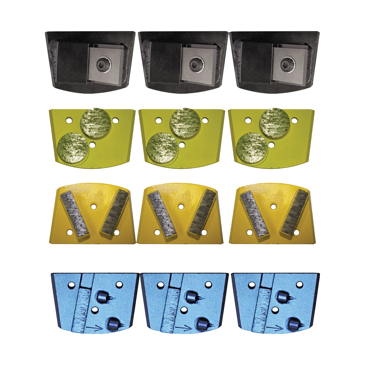 EDCO Tooling Package for use with Magna-Trap® Single-Disc Floor Grinder (Soft Concrete)
Includes:
3 Magna-Blades (Left Hand)
3 Double Dyma-Dots (Yellow)
3 Dyma-Segs (Yellow)
3 PCD w/ Backing Segment (Left Hand)
ProTungsert III (6 Pack)