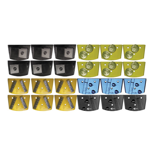 EDCO Tooling Package for use with Magna-Trap® Dual-Disc Floor Grinder (Soft Concrete)

Includes:

6 Magna-Blades (3 Left Hand &amp; 3 Right Hand)
6 Double Dyma-Dots (Yellow)
3 Dyma-Segs (Yellow)
3 PCD w/ Backing Segment (3 Left Hand &amp; 3 Right Hand)
ProTungsert III (6 Pack)
