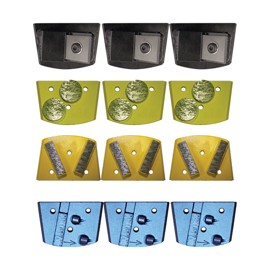 EDCO Tooling Package for use with Magna-Trap® Single-Disc Floor Grinder (Soft Concrete)

Includes:

3 Magna-Blades (Left Hand)
3 Double Dyma-Dots (Yellow)
3 Dyma-Segs (Yellow)
3 PCD w/ Backing Segment (Left Hand)
ProTungsert III (6 Pack)